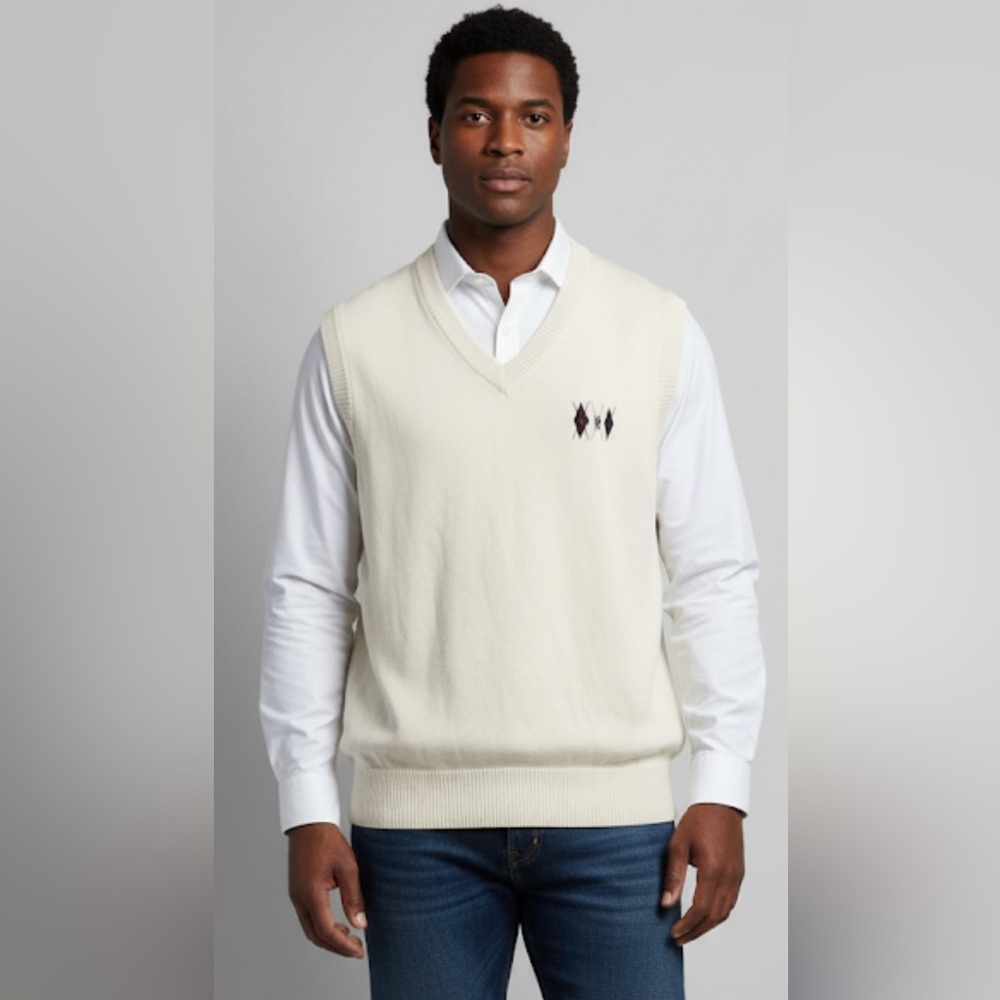 LYLE & SCOTT Vintage Cream Argyle V-Neck Cotton Sweater Vest NWT Men’s L